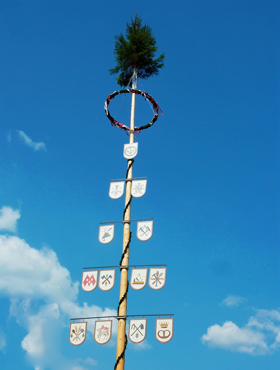 maypole, tree, bavaria, birch, custom, customs, wont, decorated, sky, may