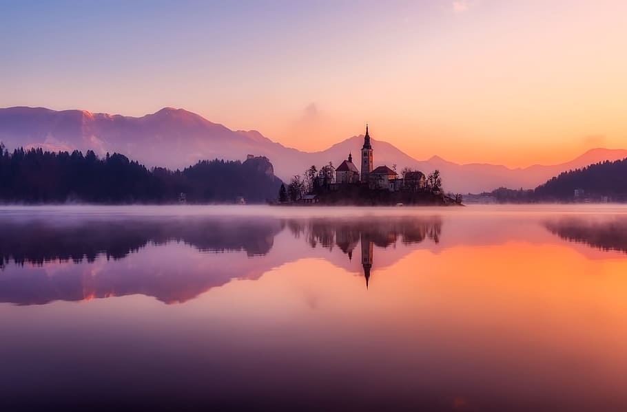 reflective, house, reflecting, body, water, golden, hour, bled, slovenia, sunrise