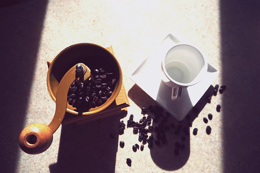 coffee, beans, seeds, cup, mug, kitchen, sunlight, shadow, drink, food and drink