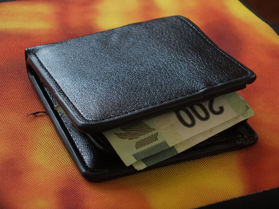black, leather bifold wallet, wallet, money, banknote, leather walet, currency, income, cash, paper money