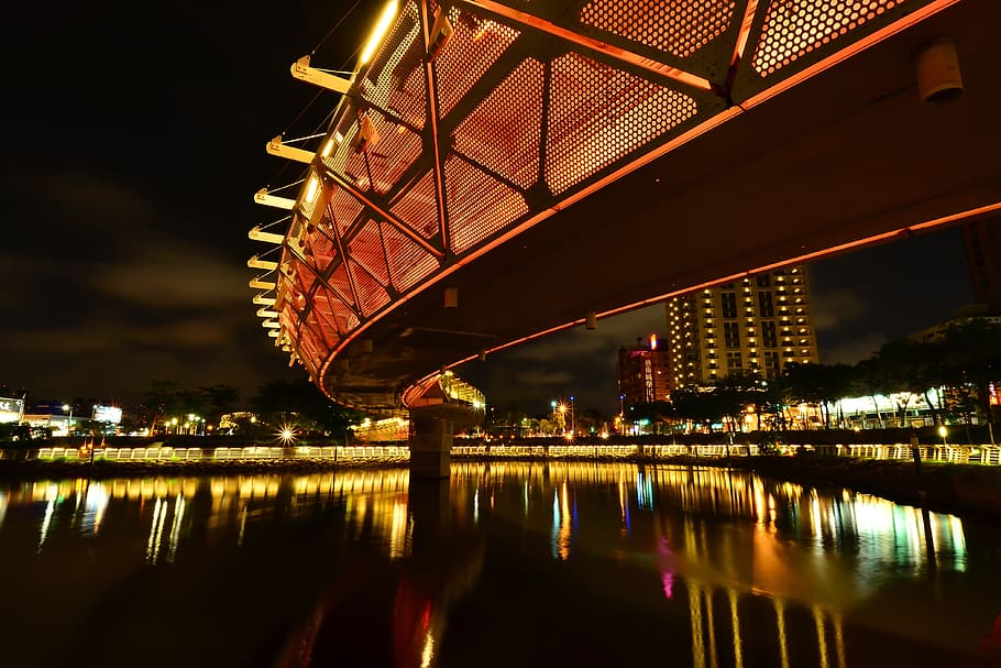 bridge, river, night, Modern, at night, architecture, city, bridge - Man Made Structure, reflection, urban Scene