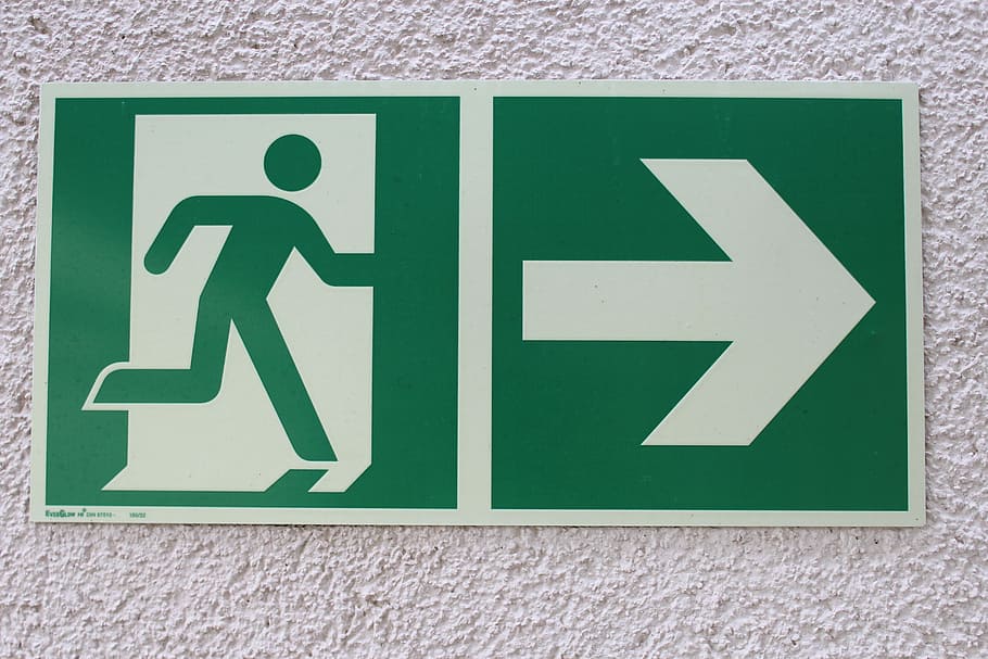 green exit signboard, Shield, Note, Directory, Arrow, information, board, risk, sign, information boards