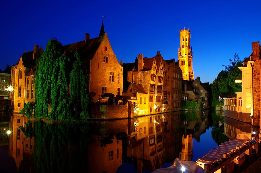buildings, blue, sky, bruges, night, old town, illumination, channel, mood, belgium