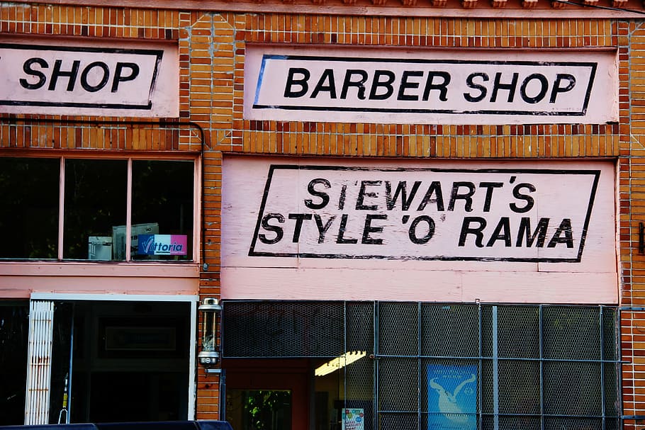toko, tukang cukur, jalan, perkotaan, toko tukang cukur, salon, tua, batu bata, retro, cityscape
