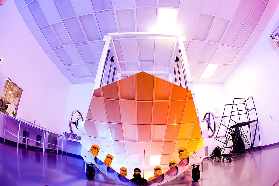 seven, people, reflected, hexagonal, Mirror, Space Telescope, telescope, scientists, gold, inspection