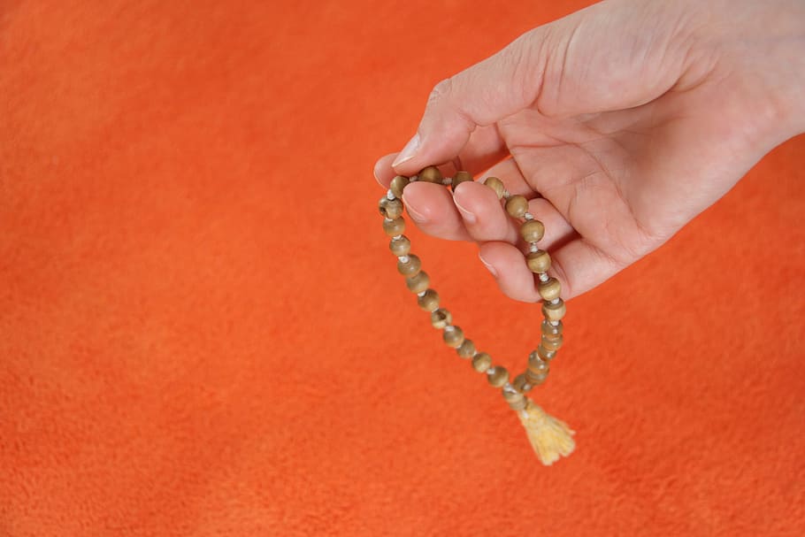 person, holding, beaded, brown, prayer beads, Japa, Mala, Hope, Faith, Believe, japa, mala