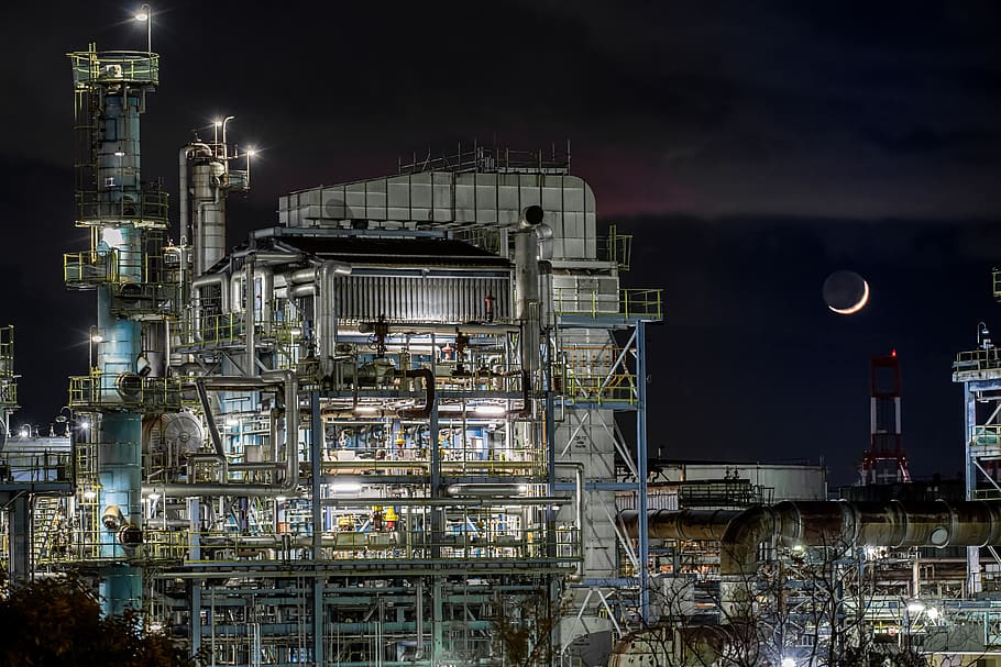 night view, factory, oil-related plant, architecture, machinery, crescent moon, osaka bay shore area, japan, night, building exterior