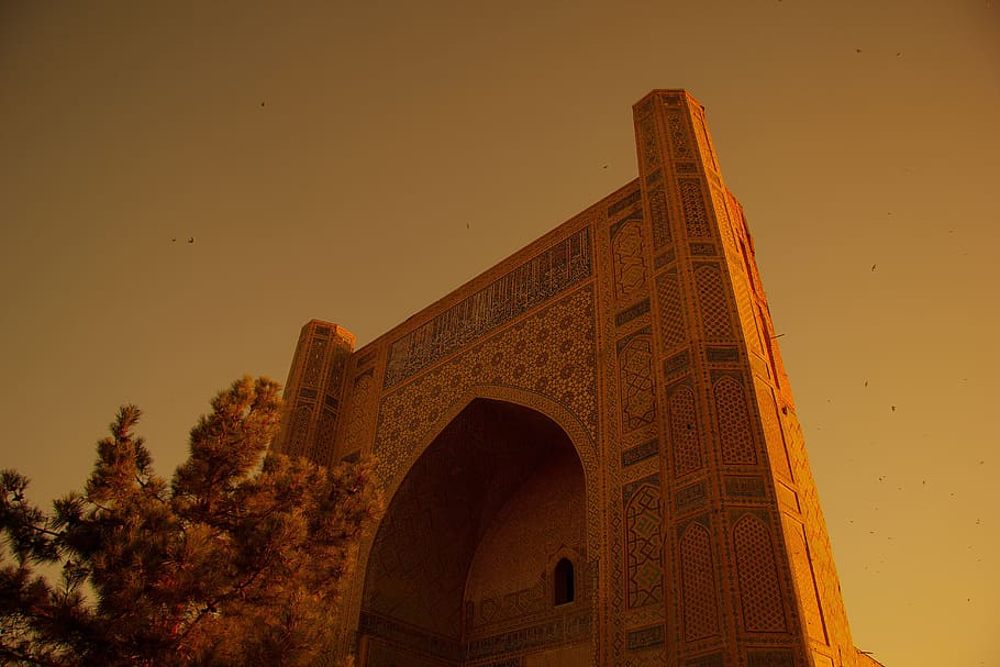 低角度の写真, ゲート, サマルカンド, レギスタン, ウズベキスタン, 日没, 博物館, 宗教, 記念碑, 旅行