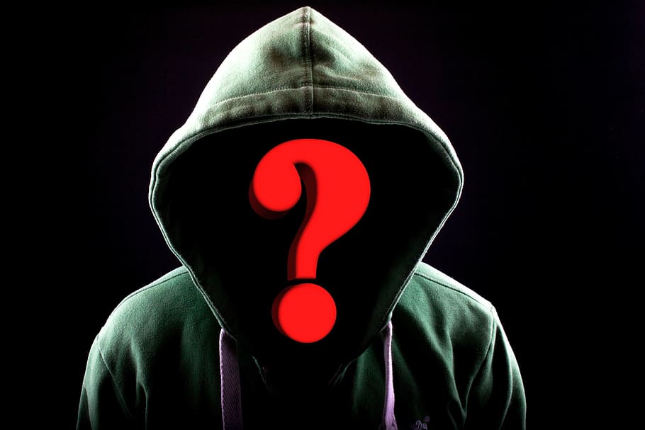 Persona, vistiendo, verde, sudadera con capucha, signo de interrogación, pirata informático, ataque, máscara, internet, anónimo