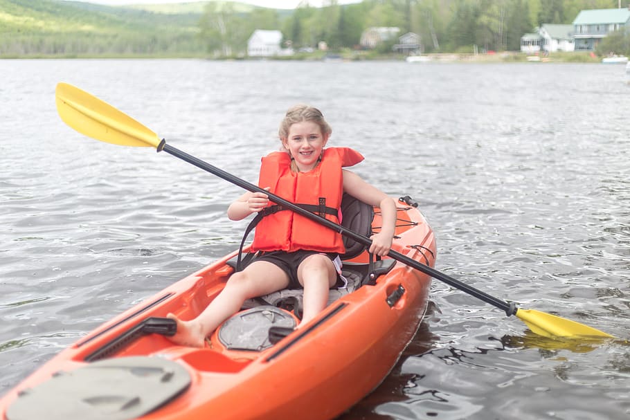 Kayak, barco, actividad, niña, niño, agua, jugar, recreación, acampar, verano
