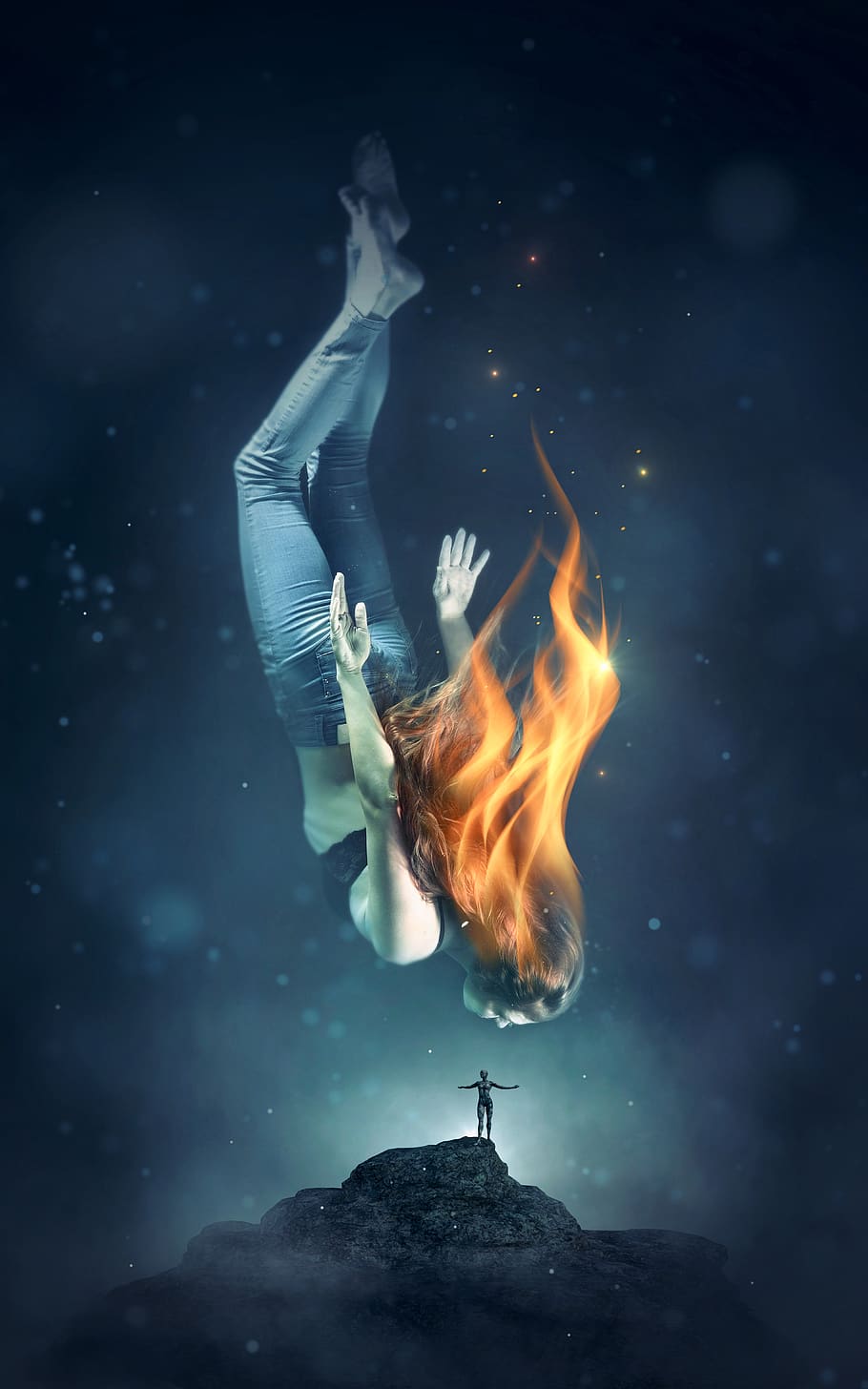 book cover, fantasy, woman, water, fire, flame, diving, girl, mystical, mysterious