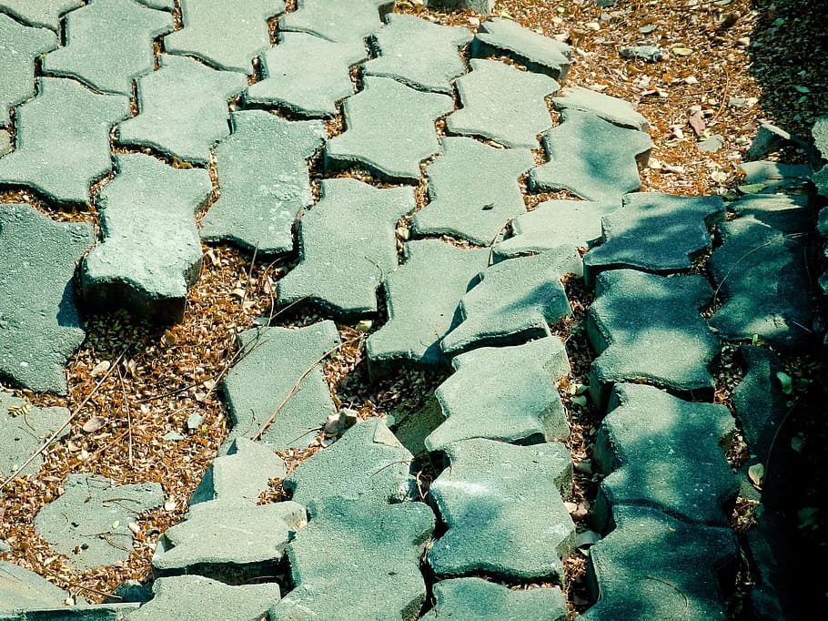 bricks, broken, road, pattern, zigzag, green, aged, sunken, scattered, rows