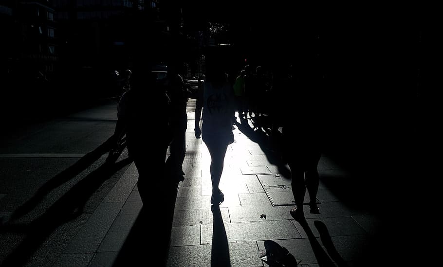 silhouette photo, people, walking, concrete, road, shadows, street, silhouette, walk, dark
