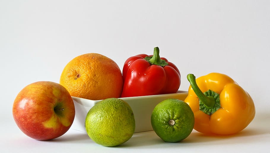two, bell peppers, four, fruits, white, surface, vitamins, orange, healthy, food
