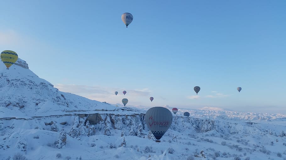 Turquía, Capadocia, vuelo en globo aerostático, invierno, globo aerostático, Goreme, Nevsehir, vuelo, Anatolia, aventura