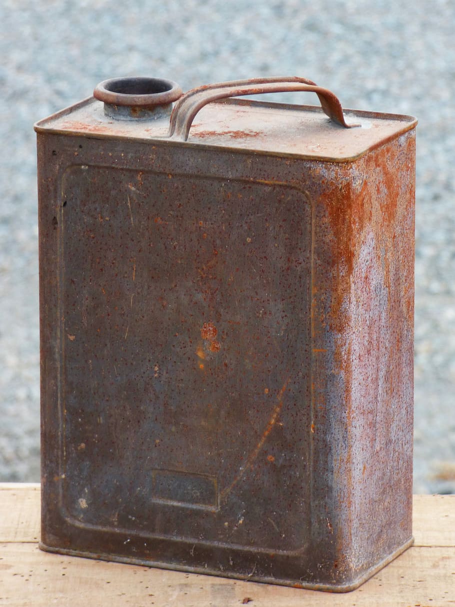 drum, can, fuel, gasoline, tin, vintage, old, rusty, metal, close-up