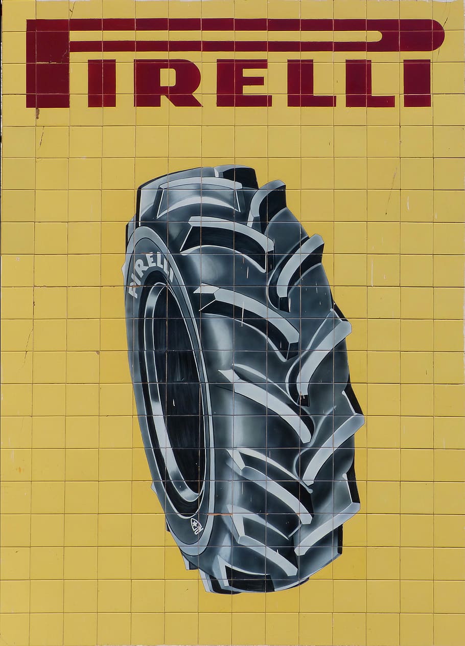 mural, tiles, vintage, pirelli, advertising, poster, tires, yellow, wall - building feature, tile
