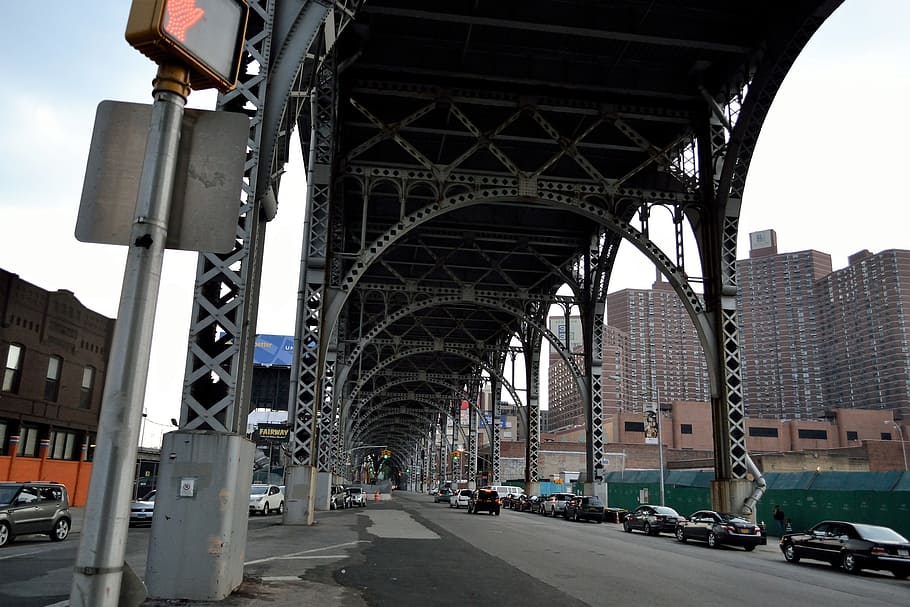 cars under bridge, harlem, bridge, subway, elevated platform, new york city, steel, creation, signs, street