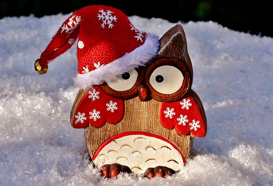 christmas-themed owl decor, owl, figure, wood, christmas, santa hat, cute, snow, decoration, deco