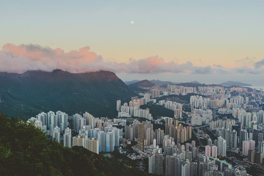 aerial, fotografi, kota, gunung, fotografi udara, cityscape, Skyline perkotaan, pencakar langit, Scene urban, hong Kong