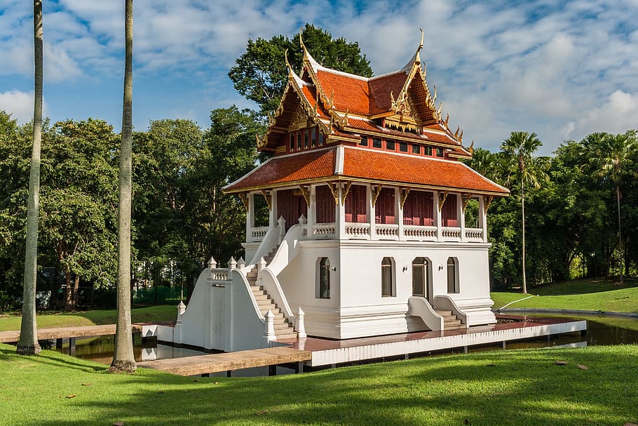 coklat, putih, rumah, pohon, kompleks kuil buddha thailand, buddha, agama buddha, perhatian, doa, konsentrasi