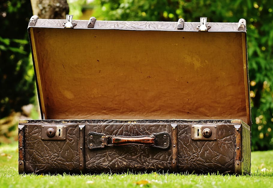 открытый, коричневый, кожаный чемодан, трава, багаж, антиквариат, кожа, старый чемодан, хлам, поколения