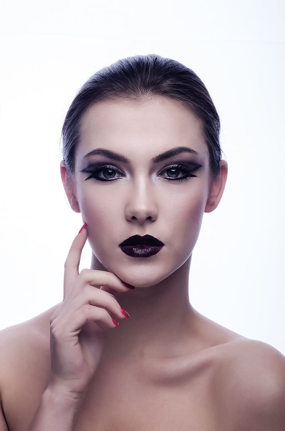 woman, wearing, black, lipstick, eyeshadow, mascara, posing, front, white, background
