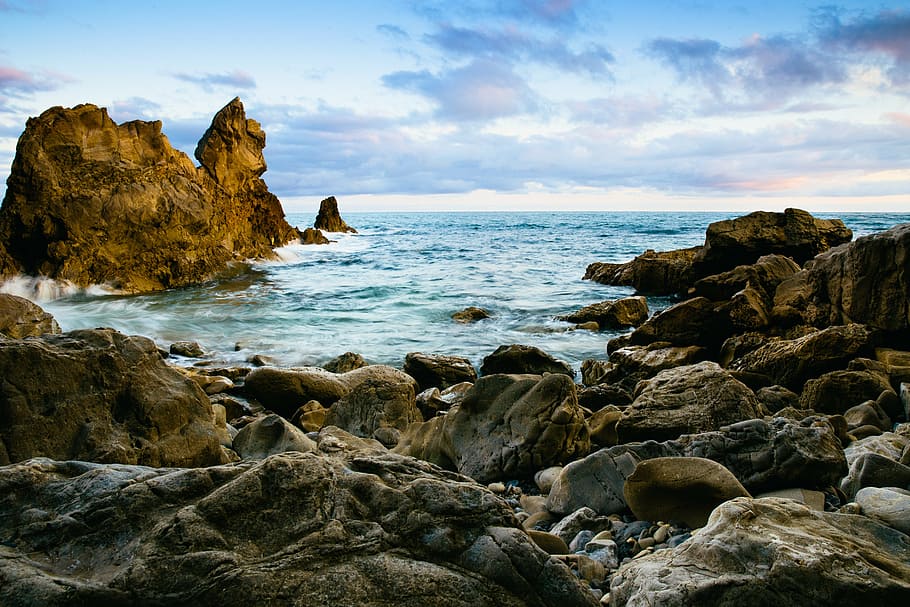 brown, rock formation, blue, sky, body, water, near, rock, nature, coast