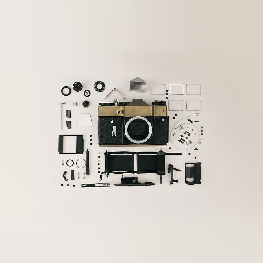 vintage, camera, components, broken, parts, mechanical, white, background, wallpaper, lens