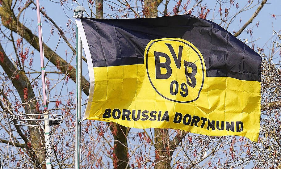 bandera del borussia dortmund, bvb, bandera del club, negro amarillo, borussia dortmund, fanático, hooligan, fanáticos del fútbol, ​​borussia, fútbol