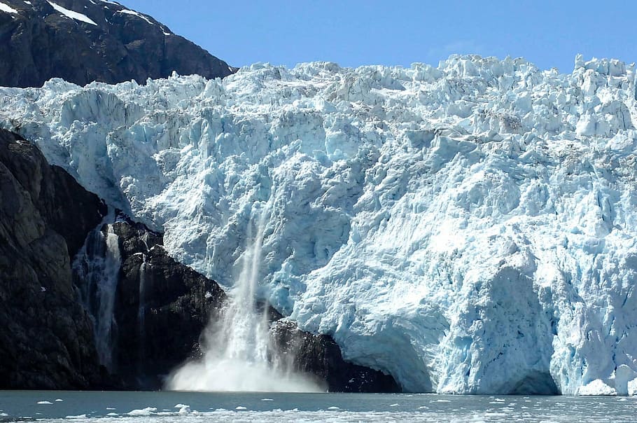 falling, iceberg, daytime, glacier calving, ice, water, landscape, bay, ocean, melt