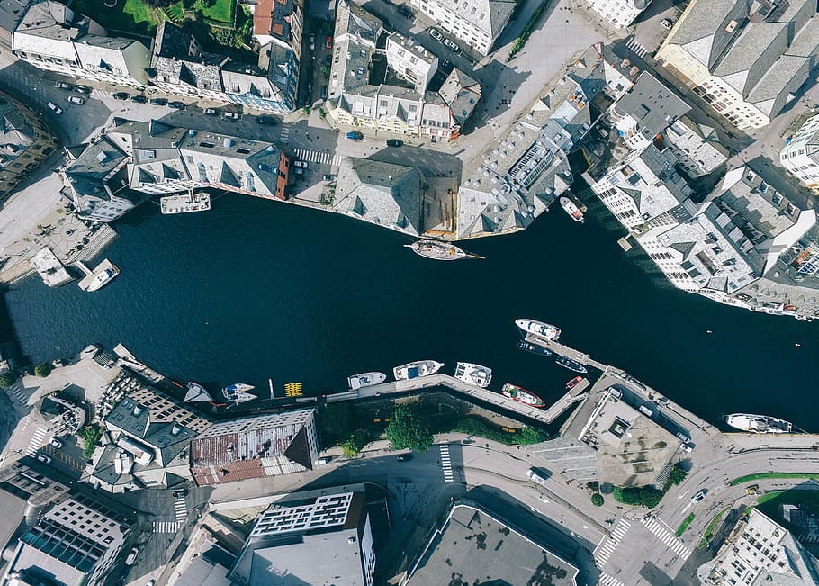 bird-eye, view photography pf body, water, buildings, top, view, aerial, boat, top view, river