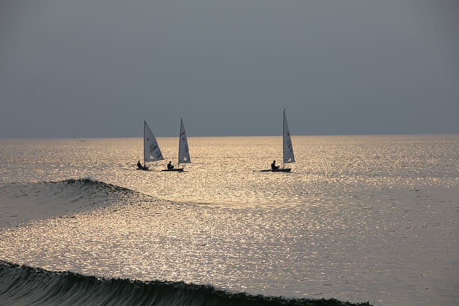 landscape photography, three, sail, boats, body, water, sail boats, body of water, sea, ship