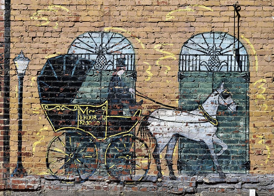 carriage wall paint, wall mural, antique, wall, brick, painting, landmark, downtown, nashville, tennessee