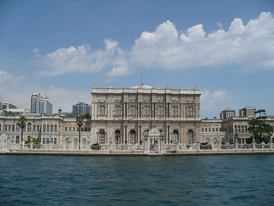 dolmabahçe palace, turkey, bosphorus, monument, architecture, istanbul, built structure, building exterior, water, sky