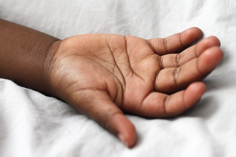 person, empty, white, sheets, Hand, Black Skin, Child, human body part, bed, human hand