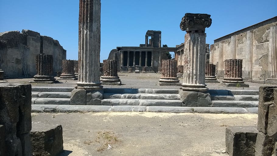 gray, concrete, monument, blue, sky, pompeii, ruins, volcano, italy, vesuvius