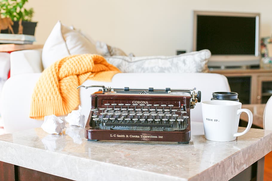 typewriter, table, vintage, desk, mug, coffee, old, antique, writer, writing