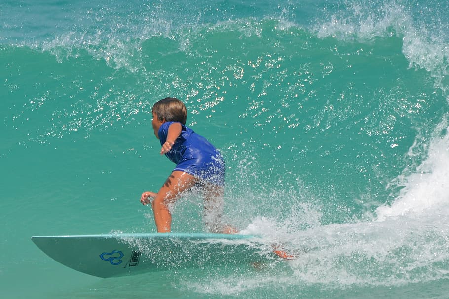 boy surfing, waves, daytime, sea, ocean, people, child, surfboard, sports, surf