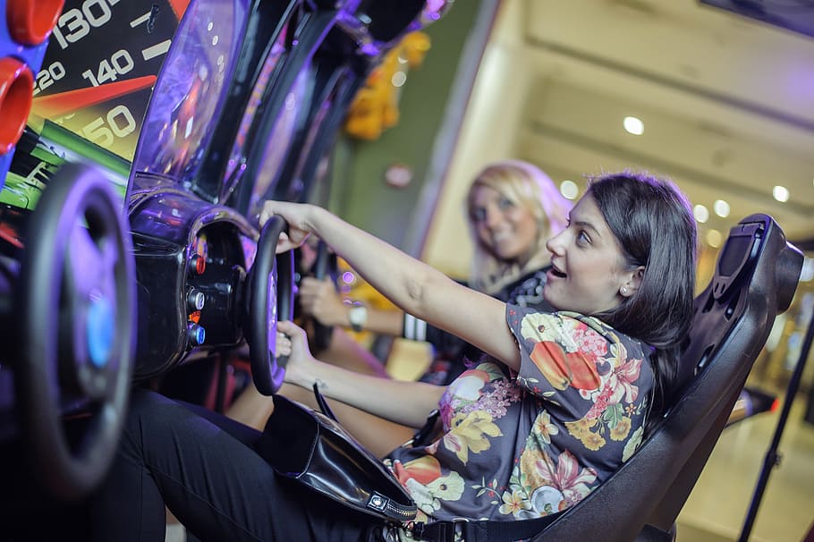 woman, sitting, racing, arcade machine, Girls, Game, Automat, Drive, Simulator, game automat