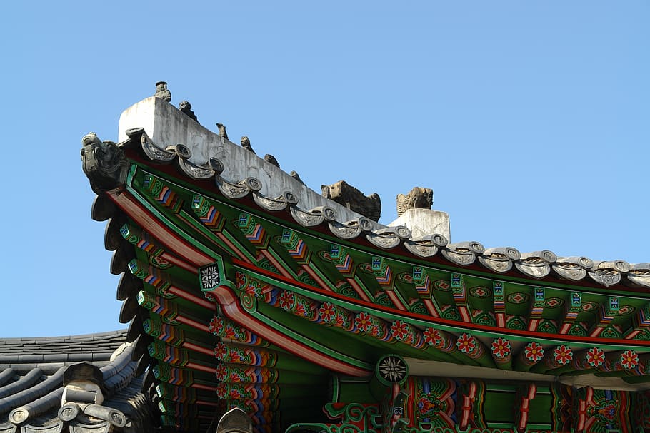 verde, rojo, hormigón, edificio, azul, cielos, teja, república de corea, tradicional, ciudad prohibida