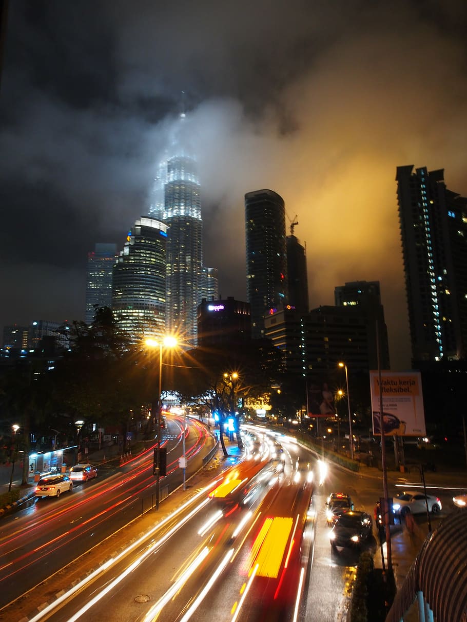 malaysia, kuala lumpur, klcc, night, cityscape, skyscraper, traffic, illuminated, city, architecture