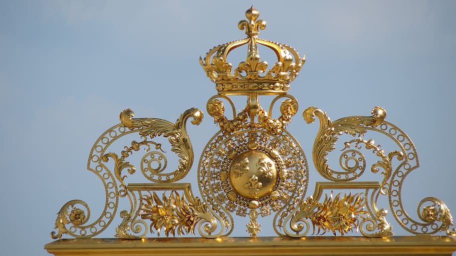 entrada, rejillas, dorado, castillo, versalles, francia, color dorado, sin gente, metal, corona