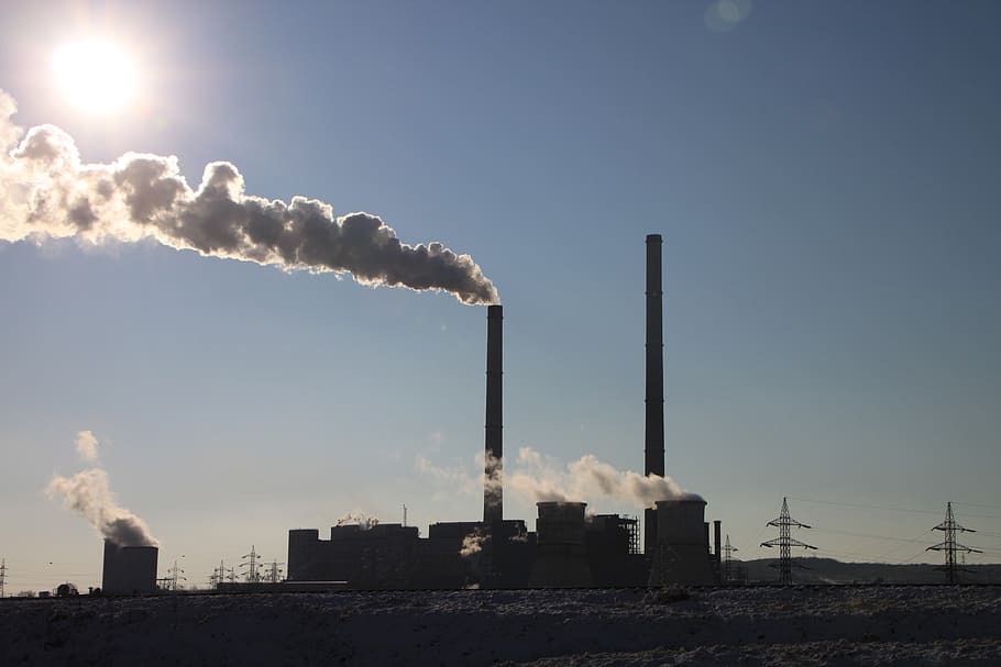 gris, blanco, fábrica, azul, CO2, dióxido, energía, gases, invernadero, contaminación