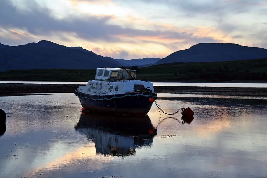 boat, body, water, Boot, Anchorage, Sunset, Mirroring, western highlands, scotland, duror