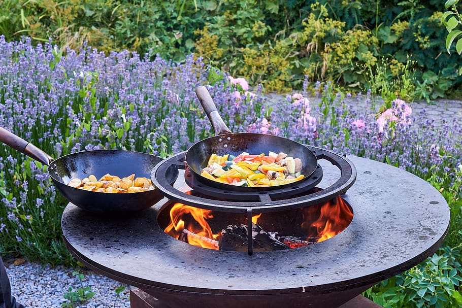 wok, pan, potatoes, grill, fire, fireplace, fire bowl, eat, delicious, bbq