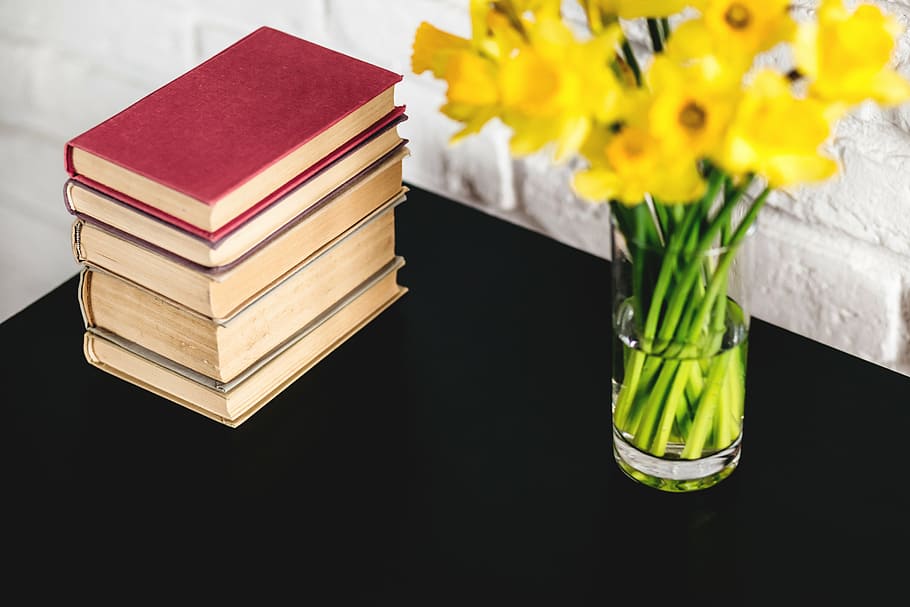 filed, books, vase, yellow, flower, table, blur, green color, indoors, book