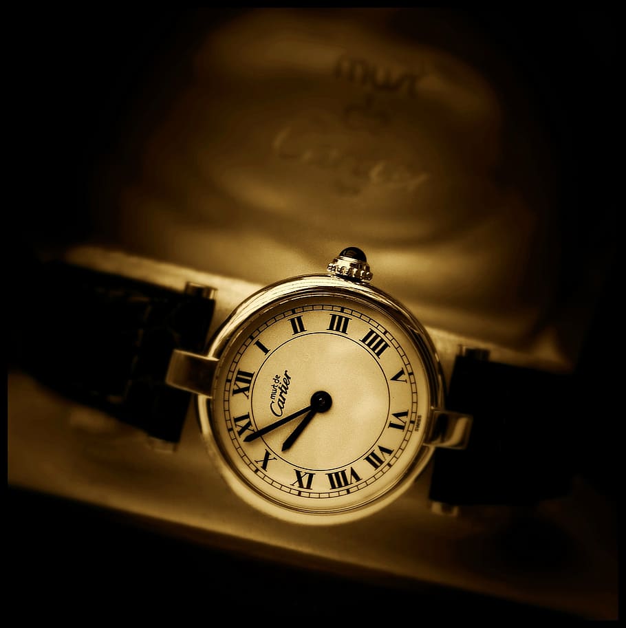 analógico cartier redondo prateado, relógio, preto, couro, pulseira, cartier, tempo, relógios, analógico, relógio de pulso