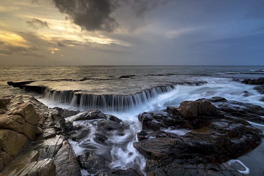 time laps photography waterfalls, cloudy, sky, the sea, the waterfall, ocean waves, the sun, rays, sunrays, clouds
