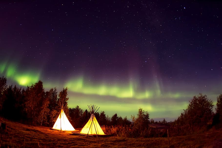 landscape view, aurora, night time, teepees, camp, campsite, aurora borealis, northern lights, forest, trees